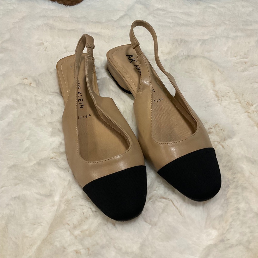 Anne Klein iflex Size 8.5 Sligback Monica Cap Toe Wedge Heel Womens Nude Black